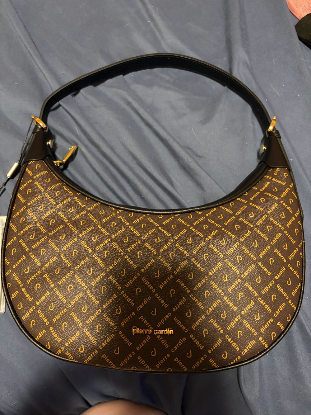 Pierre Cardin Brown Logo Crescent Shoulder Bag with Gold Hardware